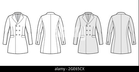 Taillierte Jacke zweireihiger Anzug technische Mode-Illustration mit gekerbtem Reverskragen, Pattentaschen, Fingerspitzenlänge. Flache Blazer-Mantelvorlage vorne, hinten, weiß, grau. Frauen, Männer CAD Stock Vektor