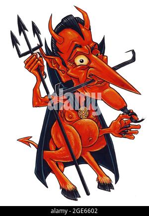 Cartoon, Artwork, Concept Illustration, Cartoon eines roten Teufels oder Dämons mit Hufen, Hörnern und einer Pitchfork, zwinkert, sieht verspielt aus. Luzifer, Satan. Stockfoto