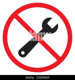 Kein Reparaturwerkzeug auf weißem Hintergrund. Kein Reparaturschild. Stopp-Reparatursymbol. Flacher Stil. Schraubenschlüssel-Symbol im roten Verbotskreis. Stockfoto