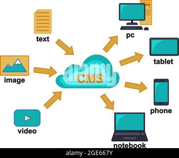 Bunte Cartoon CMS Cloud-Datenbank Infografik. Monochrome Vektordarstellung für Website, Banner, Poster, Broschüre, Symbole oder Elemente. Stock Vektor