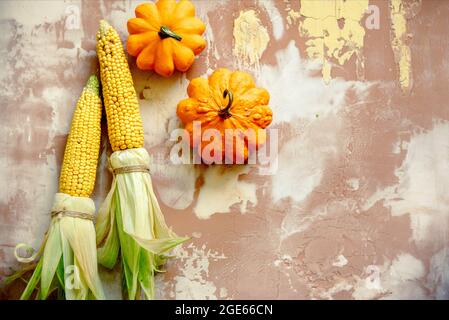 Gelbe Kürbisse, Herbstblätter auf Strickpullover auf rustikalem Holz Stockfoto