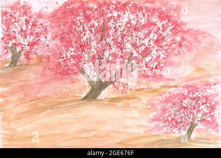Aquarell-Landschaftsdarstellung. Wunderschöne rosa Blüten Bäume im Frühling. Rosa Kirschblüten Bäume Sakura. Handgemalte Aquarellmalerei Stockfoto