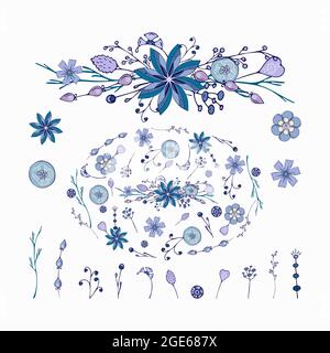 Set aus Winterschmuck und kritzelnden Handzeichnungen, rund, Elemente eins nach dem anderen für Design, kalter Blumenstrauß, Ornament, isoliert, weißer Hintergrund. Vektorgrafik Stock Vektor