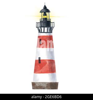 Gestreifter rot-weißer Leuchtturm - Aquarellillustration isoliert auf weißem Hintergrund, handgezeichneter Clipart. Illustration für Kleidung, Aufkleber, Baby Stockfoto