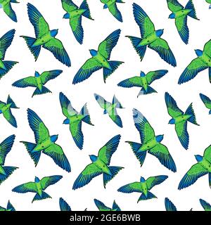 Vektor nahtloses Muster mit grünen Papageien auf weißem Hintergrund. Tropische Vögel Hintergrund für Textil, Stoffbezüge Tapeten drucken Geschenkverpackung Stock Vektor