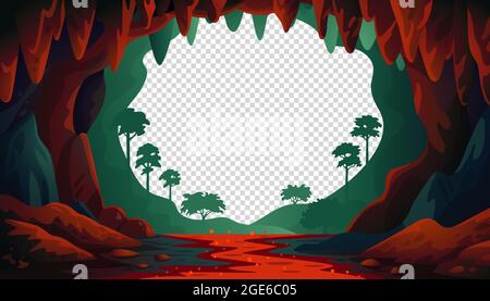 Dschungel Vektorlandschaft. Höhlenlandschaft mit einem unterirdischen roten Fluss und Wald. Vektor-Illustration im flachen Cartoon-Stil Stock Vektor