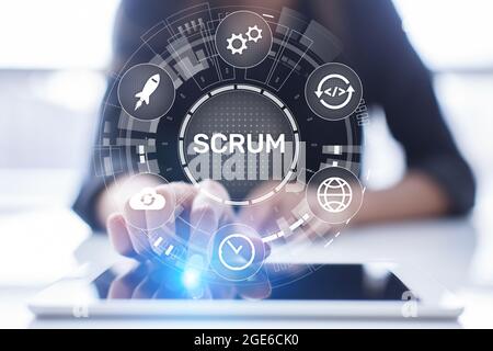 Scrum, Agile Development Methodology, Programming and Application Design Technology Concept on Virtual Screen Stockfoto