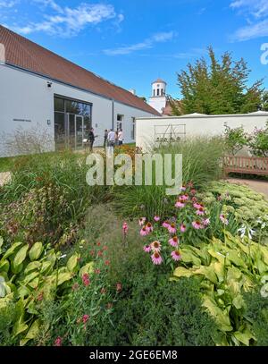 Neuhardenberg, Deutschland. August 2021. Im Garten der Orangerie von Schloss Neuhardenberg blühen Blumen, im Hintergrund die Schinkel-Kirche. Quelle: Patrick Pleul/dpa-Zentralbild/ZB/dpa/Alamy Live News Stockfoto