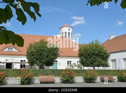 Neuhardenberg, Deutschland. August 2021. Im Garten der Orangerie von Schloss Neuhardenberg blühen Blumen, im Hintergrund die Schinkel-Kirche. Quelle: Patrick Pleul/dpa-Zentralbild/ZB/dpa/Alamy Live News Stockfoto