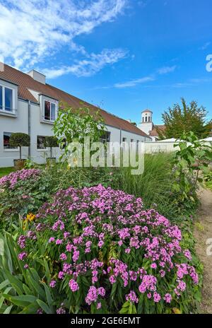 Neuhardenberg, Deutschland. August 2021. Im Garten der Orangerie von Schloss Neuhardenberg blühen Blumen, im Hintergrund die Schinkel-Kirche. Quelle: Patrick Pleul/dpa-Zentralbild/ZB/dpa/Alamy Live News Stockfoto