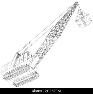 Bergbaumaschine. Die Maschine des Steinbruchs Bergbau arbeitet. Die Ebenen sichtbarer und unsichtbarer Linien werden getrennt. Drahtrahmen umrissen Stock Vektor