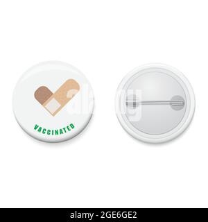 Weißes Knopfabzeichen mit medizinischem Gips und Text GEIMPFT. Realistische Stifttaste. Vektor- und Illustrationsdesign. Stock Vektor