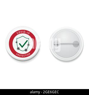 Weißes Knopfabzeichen mit Schutzschild und COVID-19-SCHUTZ mit Text. Realistische Stifttaste. Vektor- und Illustrationsdesign. Stock Vektor