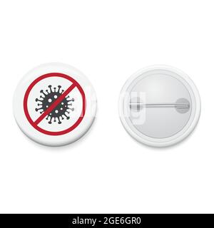 Weißes Knopfabzeichen mit Corona-Virus-Symbol. Realistische Stifttaste. Vektor- und Illustrationsdesign. Stock Vektor