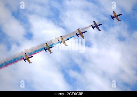 SCHUKOWSKI, REGION MOSKAU, RUSSLAND – 25. JULI 2021: Flugzeuge auf der Freilichtausstellung MAKS-2021, dem internationalen Luft- und Raumfahrtsalon. (Foto von Aleksandr Gusev / Pacific Press) Stockfoto