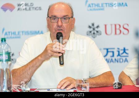 Lausanne, Schweiz. August 2021. Jacky Delapierre (Director of Meeting Athletissima) präsentierte den Grand-Prix Athletissima IAAF (International Association of Athletics Federations) Wanda Diamond-League und das City Event 2021 von Lausanne. (Foto: Eric Dubost/Pacific Press) Quelle: Pacific Press Media Production Corp./Alamy Live News Stockfoto