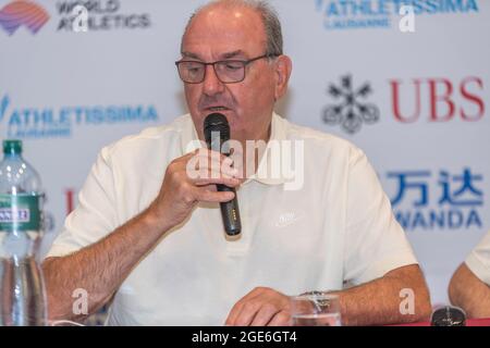 Lausanne, Schweiz. August 2021. Jacky Delapierre (Director of Meeting Athletissima) präsentierte den Grand-Prix Athletissima IAAF (International Association of Athletics Federations) Wanda Diamond-League und das City Event 2021 von Lausanne. (Foto: Eric Dubost/Pacific Press) Quelle: Pacific Press Media Production Corp./Alamy Live News Stockfoto