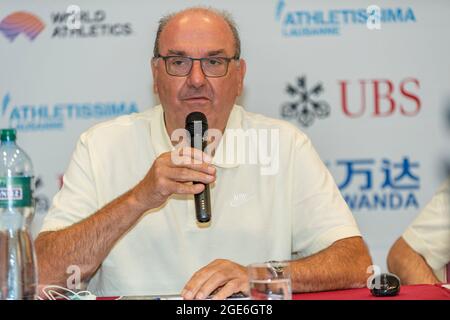 Lausanne, Schweiz. August 2021. Jacky Delapierre (Director of Meeting Athletissima) präsentierte den Grand-Prix Athletissima IAAF (International Association of Athletics Federations) Wanda Diamond-League und das City Event 2021 von Lausanne. (Foto: Eric Dubost/Pacific Press) Quelle: Pacific Press Media Production Corp./Alamy Live News Stockfoto