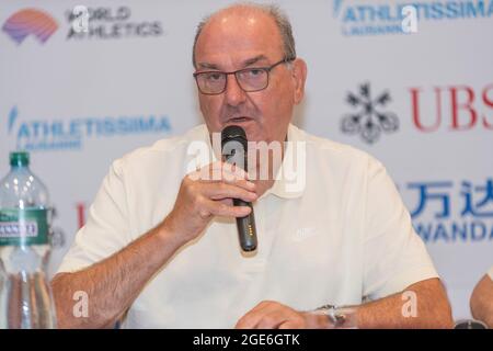 Lausanne, Schweiz. August 2021. Jacky Delapierre (Director of Meeting Athletissima) präsentierte den Grand-Prix Athletissima IAAF (International Association of Athletics Federations) Wanda Diamond-League und das City Event 2021 von Lausanne. (Foto: Eric Dubost/Pacific Press) Quelle: Pacific Press Media Production Corp./Alamy Live News Stockfoto