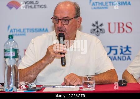 Lausanne, Schweiz. August 2021. Jacky Delapierre (Director of Meeting Athletissima) präsentierte den Grand-Prix Athletissima IAAF (International Association of Athletics Federations) Wanda Diamond-League und das City Event 2021 von Lausanne. (Foto: Eric Dubost/Pacific Press) Quelle: Pacific Press Media Production Corp./Alamy Live News Stockfoto