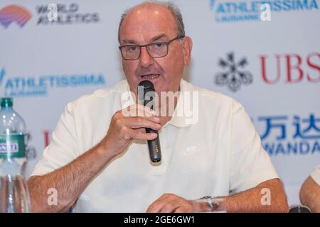 Lausanne, Schweiz. August 2021. Jacky Delapierre (Director of Meeting Athletissima) präsentierte den Grand-Prix Athletissima IAAF (International Association of Athletics Federations) Wanda Diamond-League und das City Event 2021 von Lausanne. (Foto: Eric Dubost/Pacific Press) Quelle: Pacific Press Media Production Corp./Alamy Live News Stockfoto