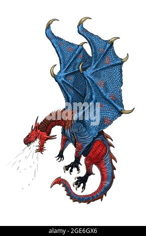 Feuer atmender Drache. Digitale Fantasy-Illustration. Stockfoto
