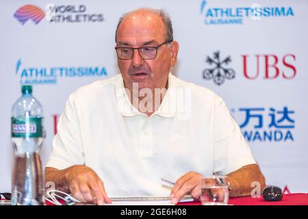 Lausanne, Schweiz. August 2021. Jacky Delapierre (Director of Meeting Athletissima) präsentierte den Grand-Prix Athletissima IAAF (International Association of Athletics Federations) Wanda Diamond-League und das City Event 2021 von Lausanne. (Foto: Eric Dubost/Pacific Press) Quelle: Pacific Press Media Production Corp./Alamy Live News Stockfoto