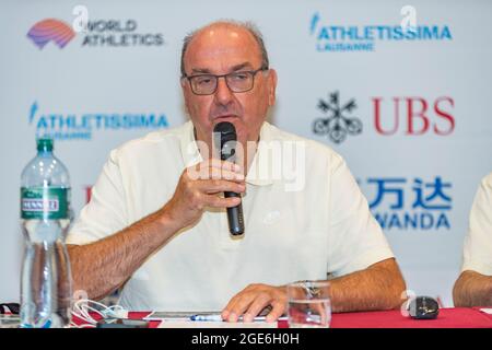 Lausanne, Schweiz. August 2021. Jacky Delapierre (Director of Meeting Athletissima) präsentierte den Grand-Prix Athletissima IAAF (International Association of Athletics Federations) Wanda Diamond-League und das City Event 2021 von Lausanne. (Foto: Eric Dubost/Pacific Press) Quelle: Pacific Press Media Production Corp./Alamy Live News Stockfoto