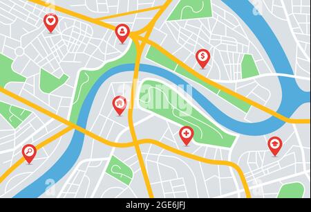 Stadtplan gps-Navigation mit Positionsmarkierungen. Städtische Straßen in der Innenstadt, Parks, Fluss. Rote Zeiger auf der Vektorgrafik des Navigators der Roadmap. Anleitung zum Finden des Ziels, Reiseplanung Stock Vektor