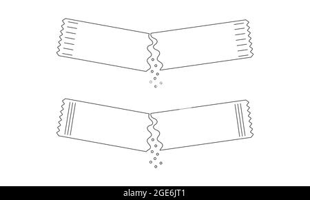 Beutel mit ausgiessbarem löslichem Pulver. Umreißen Sie die Päckchen mit Zucker, Salz oder Pfeffer. Bearbeitbare Kontur. Symbole mit dünnen Linien. Lineare Vektordarstellung. Stock Vektor