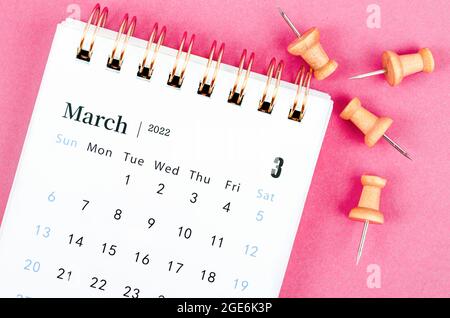 Februar-Kalender 2022 auf rosa Hintergrund. Stockfoto