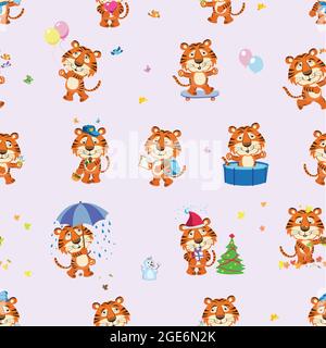 Cute Tiger pattern, 2022, Zeichnung, Vektor, Illustration, Isoliert, Symbol Stock Vektor