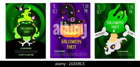 Vektor-Set von Halloween Party Poster, Flyer, Einladungskarte, Einladungsvorlage. Einladungsdesign im Cartoon-Flat-Stil Stock Vektor