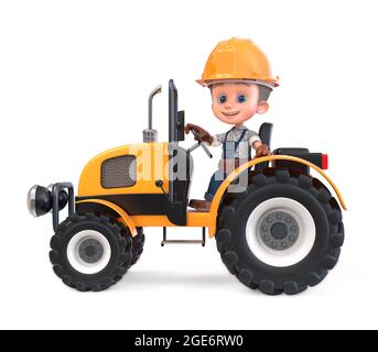 3D-Illustration eines kleinen Bauarbeiters in Overalls mit einem Schraubendreher und einem gelben Helm auf einem Traktor Stockfoto