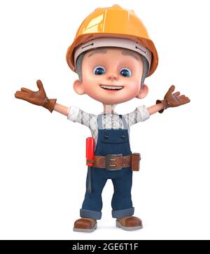 3D-Illustration kleine Konstruktion Arbeiter in Overalls mit einem Schraubendreher Und einen gelben Helm Stockfoto