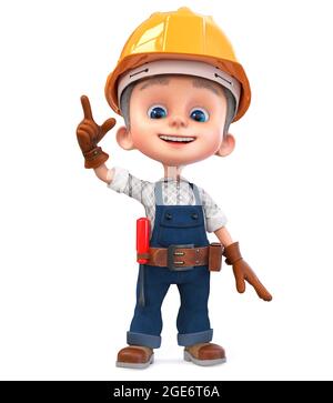 3D-Illustration kleine Konstruktion Arbeiter in Overalls mit einem Schraubendreher Und einen gelben Helm Stockfoto