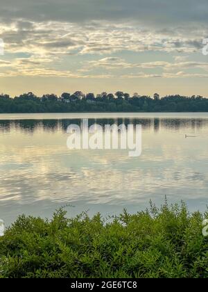Congers, NY - USA - 8. August 2021: Vertikale Ansicht der Reflexionen auf dem Rockland Lake im Rockland Lake State Park; während der goldenen Stunde. Stockfoto