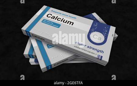 Herstellung von Kalziumtabletten. Diätergänzung Pillen Pack für die Gesundheit der Knochen. Abstraktes Konzept 3d-Rendering-Illustration. Stockfoto