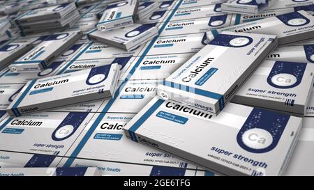 Herstellung von Kalziumtabletten. Diätergänzung Pillen Pack für die Gesundheit der Knochen. Abstraktes Konzept 3d-Rendering-Illustration. Stockfoto