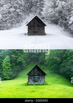 Collage aus zwei Bildern einer Holzhütte im Wald zu verschiedenen Jahreszeiten - Sommer und Winter. Fantastische Winterlandschaft mit Holzhaus in verschneiten Bergen. Alte Hütte in saftig grünen Nebelwäldern Stockfoto