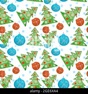 Niedliche nahtlose Hintergrund mit einem Aquarell Weihnachten Muster mit Weihnachtsbäumen und Ballons auf einem weißen Hintergrund. Stockfoto