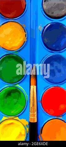 Palette von Aquarellfarben und Pinsel. Vertikale Vektordarstellung für den Hintergrund. Stock Vektor
