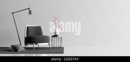 Moderne Wohnzimmereinrichtung mit zeitgenössischem schwarzen Stoffsessel 3d Render 3d Illustration Stockfoto