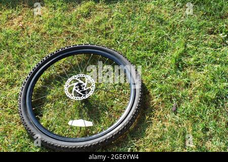 Mountainbike-Reifen mit Bremsscheibe im Freien auf Gras Stockfoto