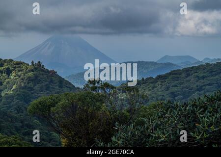 Nebelwald bedeckt Reserva Biologica Bosque Nuboso Monteverde, Costa Rica. Arenal Vulkan im Hintergrund. Stockfoto