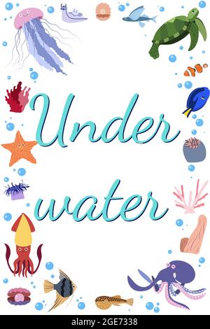 Frame-Vorlage mit Cartoon Meerestiere. Ocean Rechteck Zusammensetzung mit Quallen und Schildkröte, Tintenfisch, Oktopus, Fisch und Muscheln. Unterwasserwelt. Stock Vektor