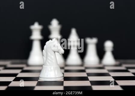 Schutzkonzept - Ritterschach vor anderen Schachfiguren auf schwarzem Hintergrund Stockfoto