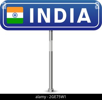 indien Straßenschild. Nationalflagge mit Ländernamen auf blauen Straßenschildern Tafel Design Vektor-Illustration. Stock Vektor