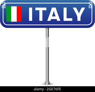 verkehrsschild italien. Nationalflagge mit Ländernamen auf blauen Straßenschildern Tafel Design Vektor-Illustration. Stock Vektor