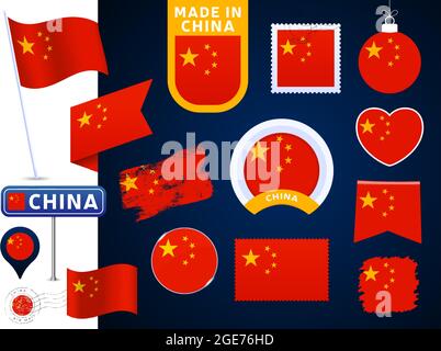 china Flag Vektor Kollektion. Großer Satz von nationalen Flagge Design-Elemente in verschiedenen Formen für öffentliche und nationale Feiertage in flachem Stil. Briefmarke, Stock Vektor